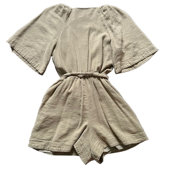 EXPRESS SAGE GREEN LINEN BLEND BUTTON UP TIE WAIST ROMPER SIZE XS - Picture 9 of 12